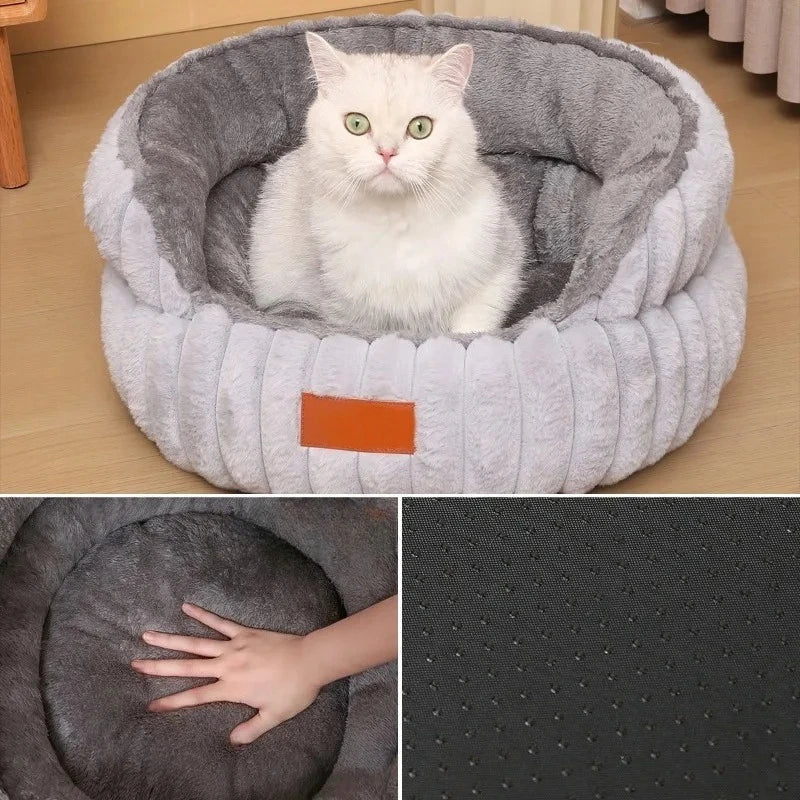 Round Plush Cat Bed Cozy Calming Nest