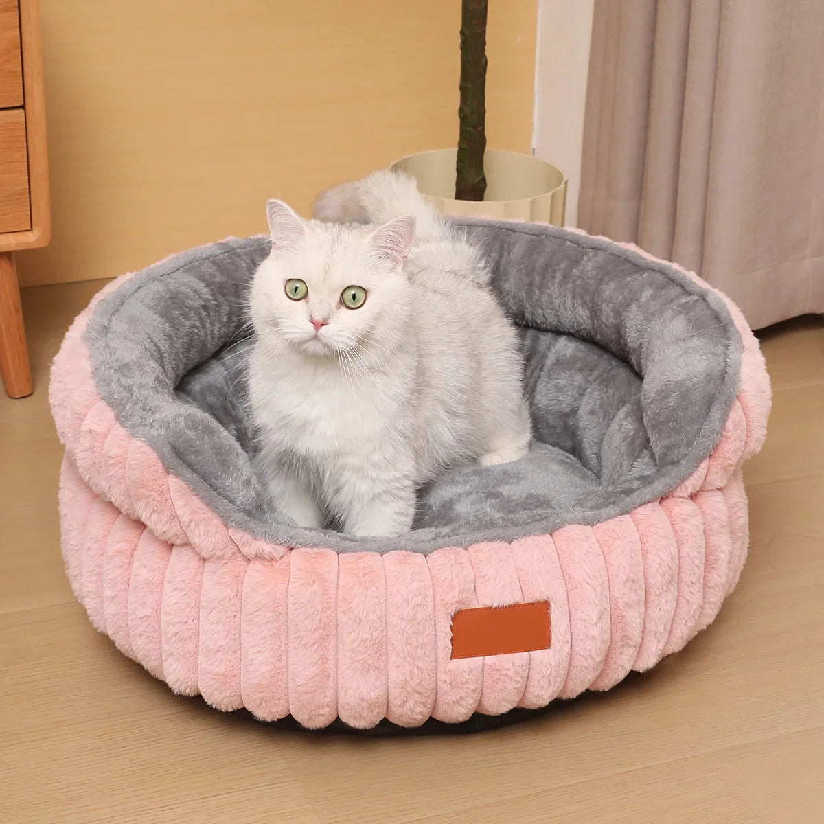Round Plush Cat Bed Cozy Calming Nest