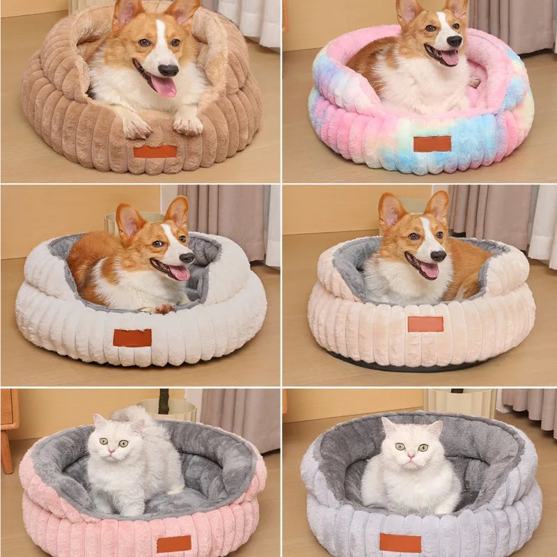 Round Plush Cat Bed Cozy Calming Nest